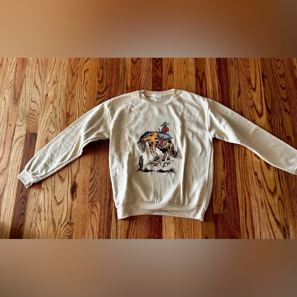 Women's Cream Cowboy Graphic Sweatshirt Small- SHEIN